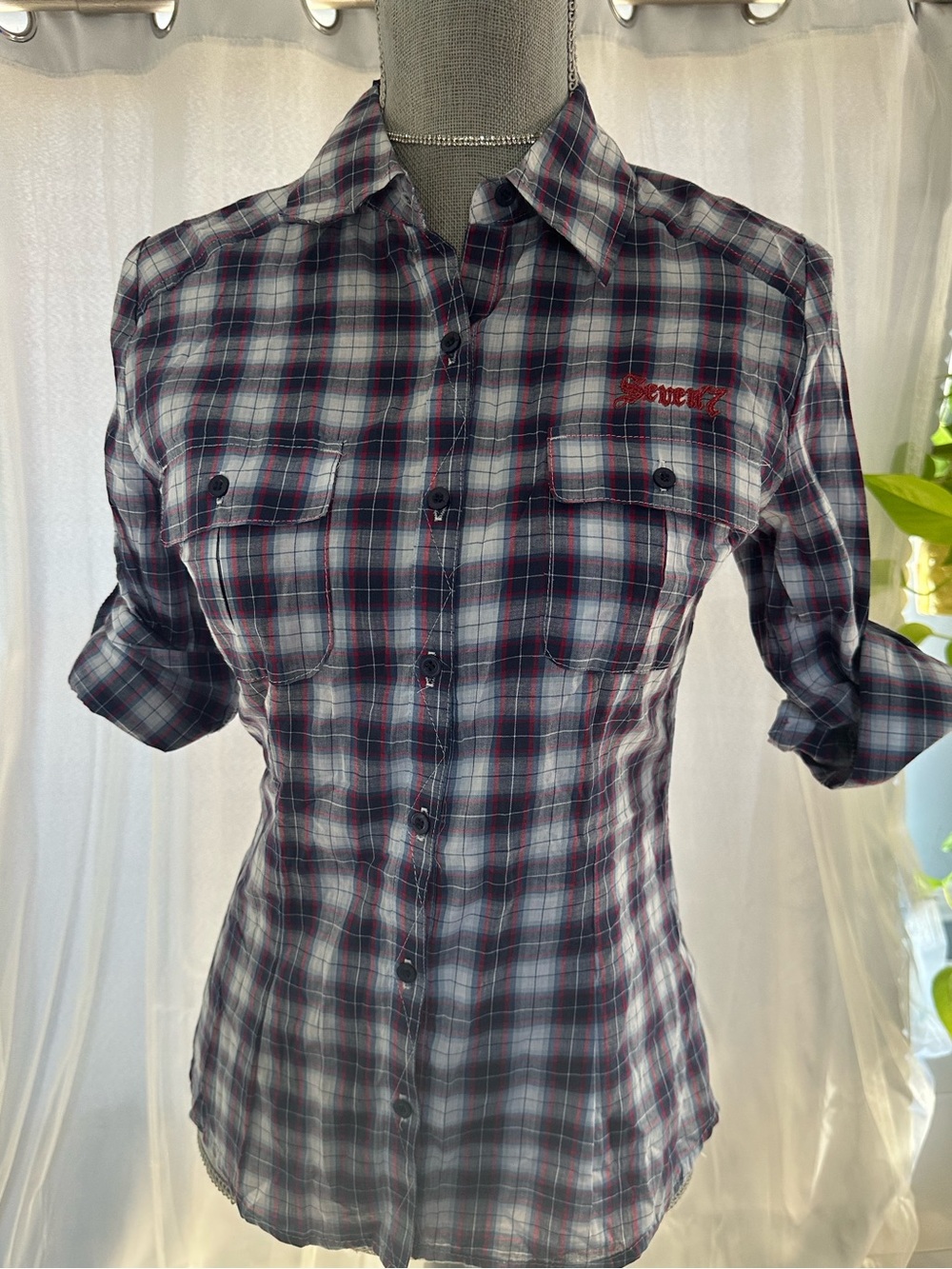 Seven7 plaid Button-Down Shirt in Gray, Blue & Red
